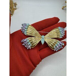 Gorgeous 3 3/4" Givenchy Butterfly Rhinestone Brooch Gold Tone Rhodium Plated